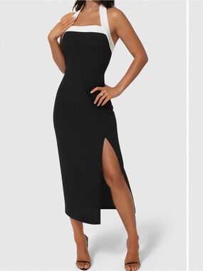bebe Black and White Halter Midi Dress with Side Slit